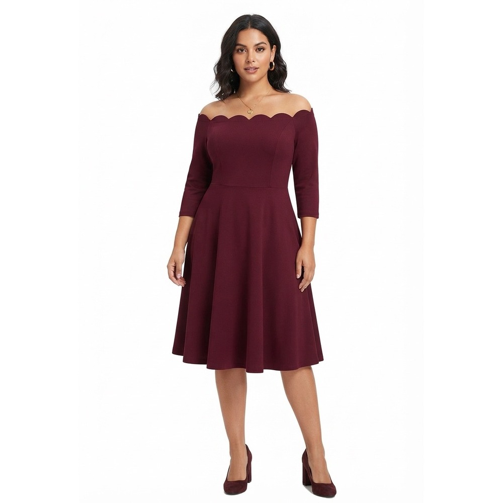 NWT Missmay Retro Gorgeous City Dress Burgundy Scalloped Off Shoulder Y9077 - XL